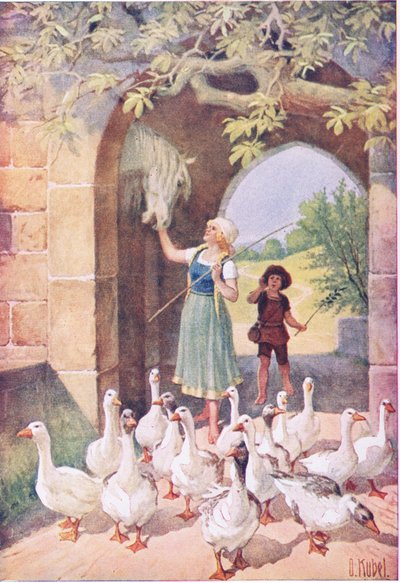 La chica del ganso (litografía en color) de Otto Kubel