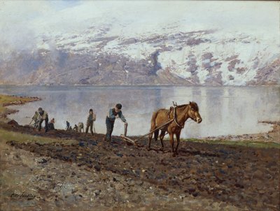 Arando con caballos (óleo sobre lienzo) de Otto Ludvig Sinding