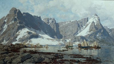 Paisaje nevado de Reine, Lofoten de Otto Ludvig Sinding