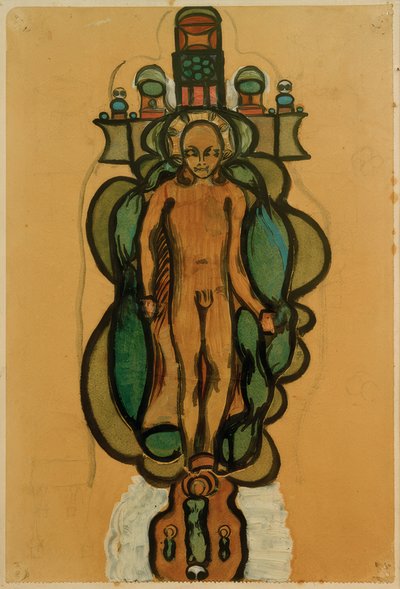 Niño desnudo con aureola en el contorno de una cruz adornada de Otto Meyer Amden