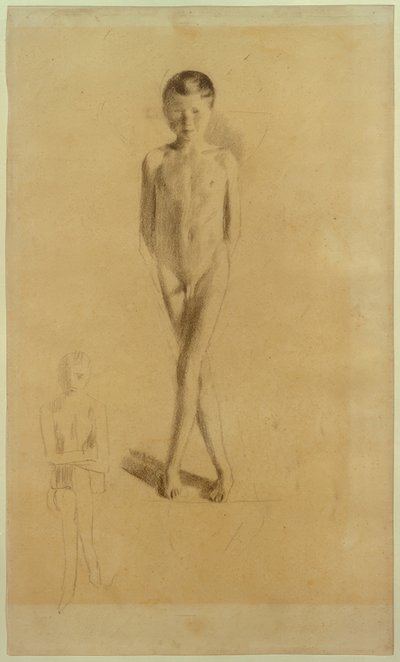 Niño desnudo con piernas cruzadas, boceto de un niño sentado en la parte inferior izquierda de Otto Meyer Amden