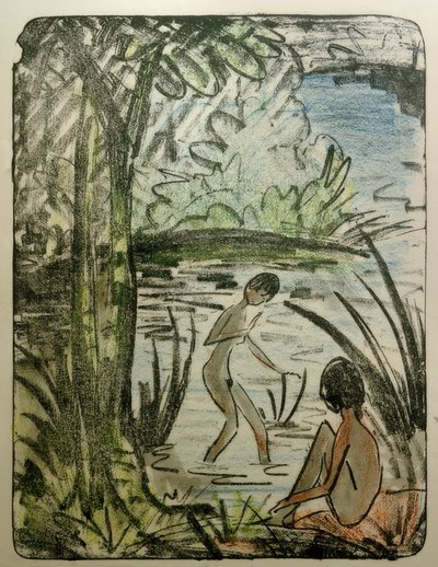 Sentadas y bañistas con árbol de Otto Mueller