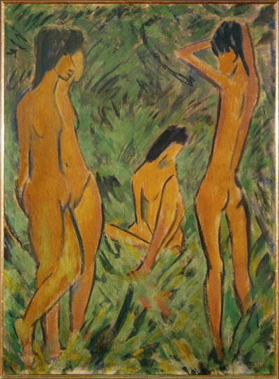 Niño delante de dos niñas, una de pie y otra sentada (moquillo sobre arpillera) de Otto Muller or Mueller