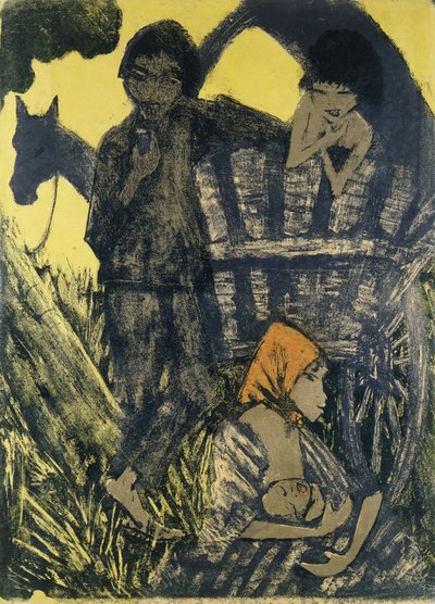 Familia gitana en un carro; Zigeuner Familie am Planwagen de Otto Mueller