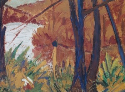 Lago del bosque con dos desnudos. 1915 de Otto Mueller