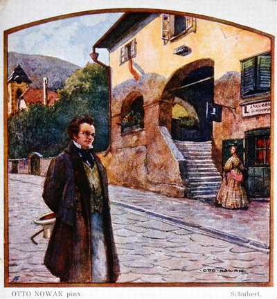 Franz Peter Schubert (1787-1828) frente a la casa del zapatero, c.1910 de Otto Robert Nowak
