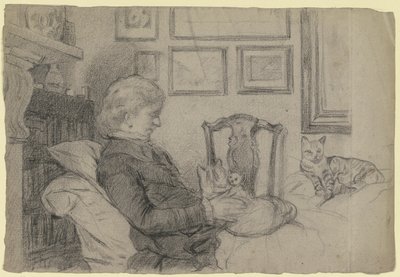 Luise Scholderer junto a la chimenea con muchos gatos de Otto Scholderer