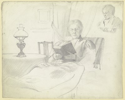 Luise Scholderer leyendo con mesa y lámpara, busto de una figura femenina al fondo de Otto Scholderer