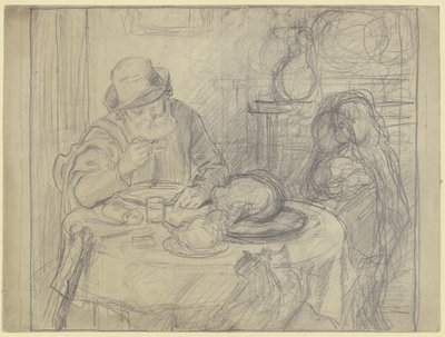 Hombre a la mesa de comedor con niño y gato de Otto Scholderer