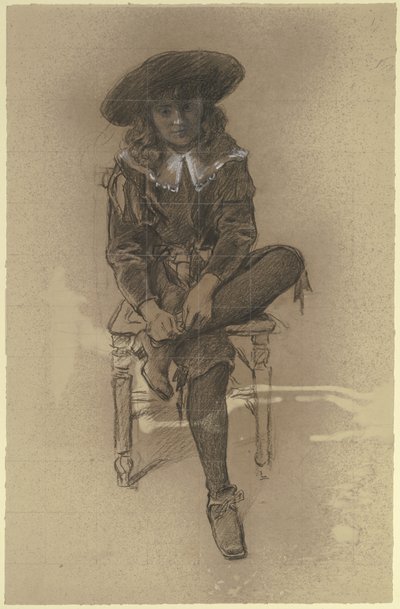 Muchacho sentado con traje histórico de la «Preparación para el baile de disfraces» de Otto Scholderer
