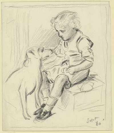 Niño sentado con perro sentado de Otto Scholderer