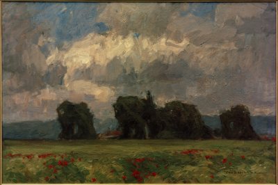 Paisaje oscuro de álamos con amapolas de Otto Ubbelohde
