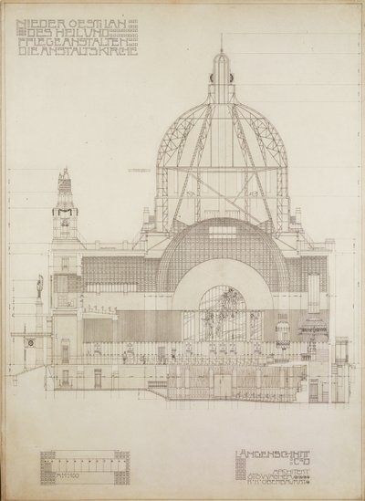 Proyección vertical de la iglesia de Steinhof, el hospital central de Viena para enfermos mentales ... de Otto Wagner