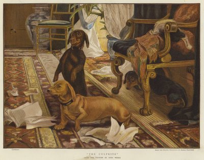 Tres dachshunds alrededor de una silla en una sala de estar (litografía en color) de Otto Weber