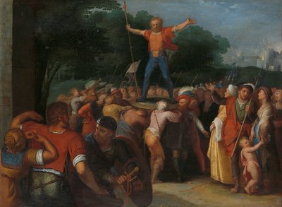 Brinno alzado sobre el Escudo
Brinio es nombrado jefe de los caninifatos (Brinio alzado sobre el escudo)
uno de una serie de doce sobre la insurrección de los bátavos contra los romanos de Otto van Veen