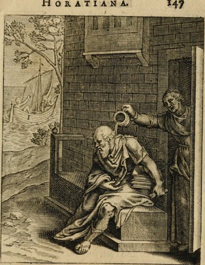 Xantipa vaciando un orinal sobre Sócrates. De Emblemata Horatiana, 1607 de Otto van Veen