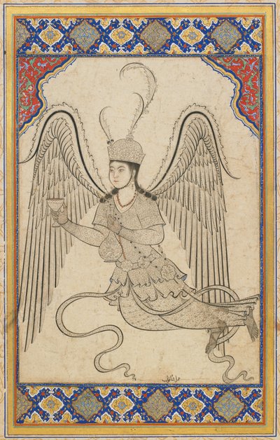 Ángel volador con copa y cantimplora (Tinta, aguada de color y oro sobre papel) de Ottoman School