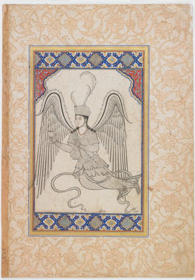 Ángel volador con copa y cantimplora (Tinta, aguada de color y oro sobre papel) de Ottoman School