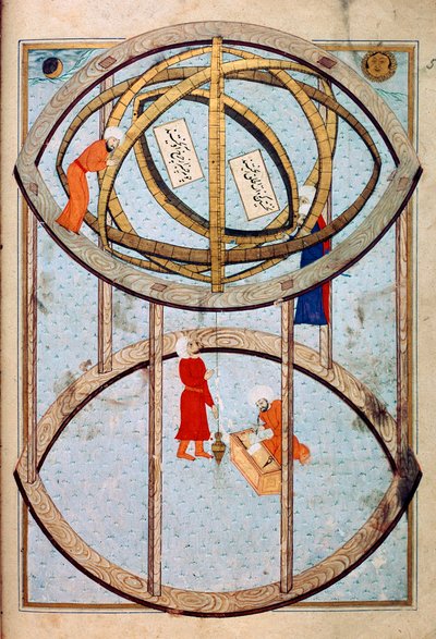 Astrónomos manipulando una enorme esfera armilar y herramientas para medir longitud y latitud. Miniatura del manuscrito ms. FY 1404 "Sehinsahname" (o Shahinshah-nama o Shahinshah-nameh, Shahinshah nama o Shahinshah nameh) "La historia del rey de de Ottoman School