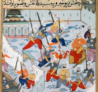 Captura de Constantinopla: el ejército del sultán otomano Mehmet II (1430-1481) en el Cuerno de Oro asedia la ciudad de Constantinopla en 1453. Miniatura del siglo XV. Biblioteca del Museo Topkapi Sarayi, Estambul de Ottoman School