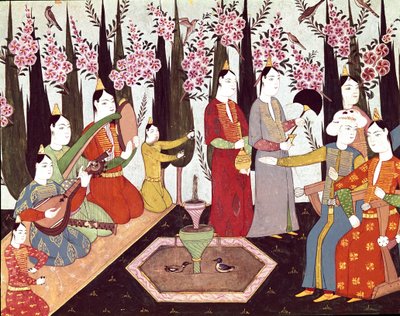 Fiestas organizadas en un harén en miniatura del álbum del Sultán Ahmed I (1590-1617) Siglo XVII Estambul, Biblioteca del Museo Topkapi Sarayi de Ottoman School