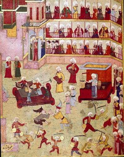 Fiestas organizadas con motivo de la circuncisión del hijo del sultán otomano Murad II (Murat) (1404-1451), malabaristas, acróbatas y orfebres presentaron muestras. Miniatura del siglo XVI. Estambul, Biblioteca del Museo Topkapi Sarayi de Ottoman School