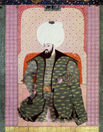 Imperio Otomano: Retrato del Sultán Otomano Bajazed II el Justo (1447-1512). Miniatura del manuscrito “Zubdat al Tawarikh” (Ms. 1973, folio 62a) por el historiador Seyid Loqid Ashuri de Ottoman School
