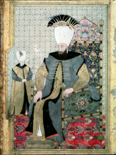 Imperio Otomano: Retrato del Sultán Ahmet III (1673-1736). Representado señalando con el dedo, posiblemente para indicar la orden de masacrar a los jenízaros. Miniatura. Museo Topkapi Sarayi, Estambul, Turquía de Ottoman School