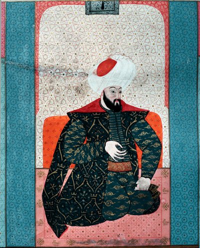 Imperio Otomano: retrato del sultán Osman I (Osman Gazi rahimahu llah) (1258-1326). Miniatura del "Zubdat al Tawarikh" (Ms. 1973, fol. 59a) por Seyyyd Lokman Ashuri 1583 Estambul, Museo de Arte Turco-Islámico de Ottoman School
