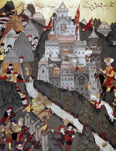Imperio Otomano: el sultán Bayezid I (Bajazet) (1360-1402) regresó victorioso a la ciudad de Nicópolis después de la batalla del mismo nombre el 25/09/1396. Miniatura del siglo XVI. Estambul, Biblioteca del Museo Topkapi Sarayi de Ottoman School
