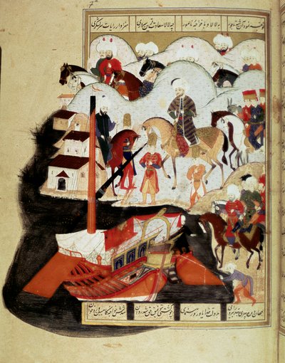 Imperio Otomano: “Sultán Murad III (1574-1595) visitando el puerto de Constantinopla” Miniatura del manuscrito ms. FY 1404 “Sehinsahname” (La Historia del Rey de Reyes) poema de Ottoman School