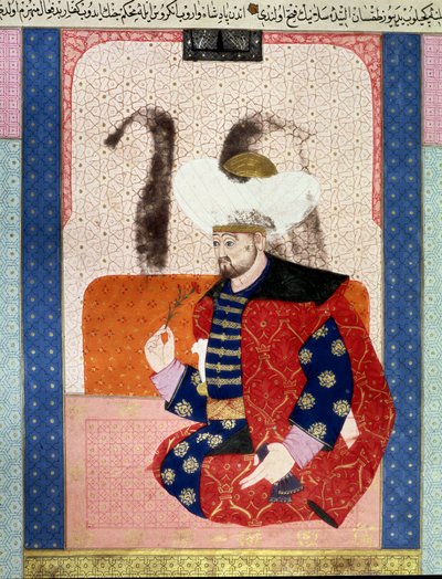 Imperio Otomano: retrato de Bayazid I (Bajazet I) (circa 1354-1403) conocido como Yildirim (Rayo). Miniatura del manuscrito (Ms. 1973, folio 62a) "Zubdatat-al-Tawarikh" (Crema de Historias) por el historiador Seyyid Loqman Ashuri 1538 de Ottoman School