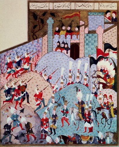 Imperio Otomano: representación del sultán Solimán I, llamado el magnífico (1520-1566) y su ejército atacando una ciudad fortificada. Miniatura tomada de 