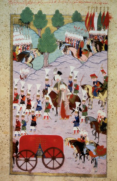 Imperio Otomano: representación del Sultán Solimán I el Magnífico (1520-1566) y su ejército. Miniatura del “Hunername” de Lokman, vol. 1 (H 1523, f.7) 1584. Biblioteca del Museo Topkapi Sarayi, Estambul de Ottoman School