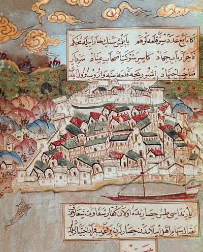 Imperio Otomano: representación de una ciudad fortificada en la orilla del Danubio conquistada por Solimán I el Magnífico (1520-1566) durante su marcha sobre Budapest y Viena (1526-1529) de Ottoman School