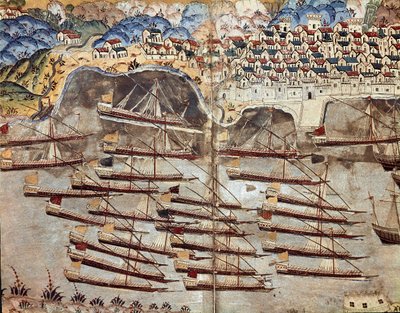 Imperio Otomano: representación de la flota de Barbarroja frente a la ciudad de Niza de Ottoman School