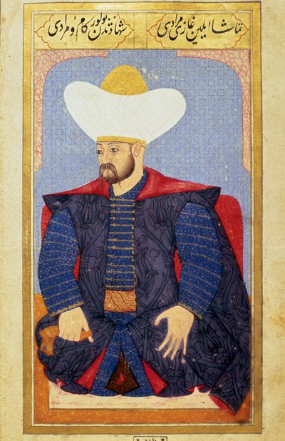 Retrato del sultán del Imperio Otomano Murad I (1326-1389). Miniatura del manuscrito "Fisonomía humana (Sobre las disposiciones personales de los otomanos)" por Seyyid Lokman Hussein. (Ms. ty6087 folio 27b) de Ottoman School
