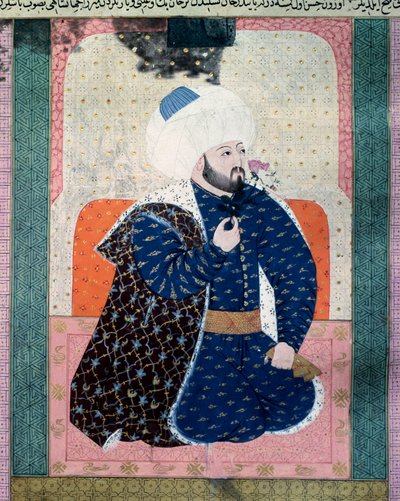 Retrato del sultán del Imperio Otomano Mehet II (Mehmet II el Conquistador o Mehmed II Fatih) (1430-1481) Miniatura del manuscrito (Ms. 1973, folio 62a) “Zubdatat-al Tawarikh” (Zubdat al-Tawarikh) (Crema de Historias) por el historiador Seyyid Loqman As de Ottoman School