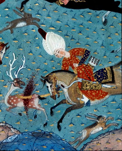 Representación de los cortesanos del sultán Murad II (Murat) (1404-1451) cazando ciervos y liebres. (detalle) Miniatura del siglo XVII. Estambul, Biblioteca del Museo Topkapi Sarayi de Ottoman School