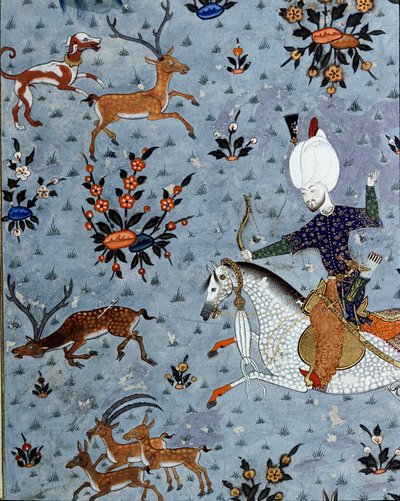 Representación de los cortesanos del sultán Murad II cazando ciervos (detalle) de Ottoman School