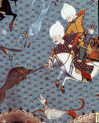 Representación de los cortesanos del sultán Murad II cazando el cervatillo (detalle). Miniatura del siglo XVII. Estambul, Biblioteca del Museo Topkapi Sarayi de Ottoman School