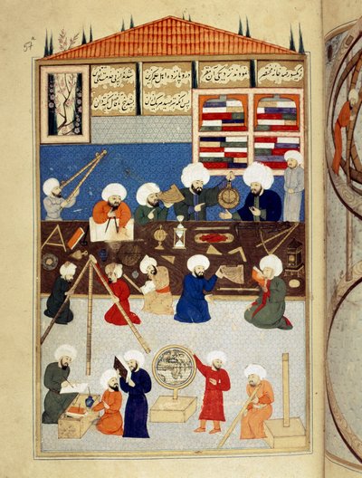 Ciencia e Islam: descripción del observatorio astronómico del científico árabe Taqi al-Din (1526-1585) construido bajo Murad III en Estambul en 1577, los astrónomos trabajan con instrumentos. Miniatura del manuscrito ms. FY 1404 de Ottoman School