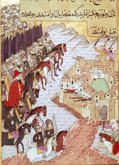 Segunda Cruzada (1147-1149): los cruzados frente a la ciudad de Alepo en Siria. Miniatura del siglo XVI. Topkapi Sarayi, Estambul de Ottoman School