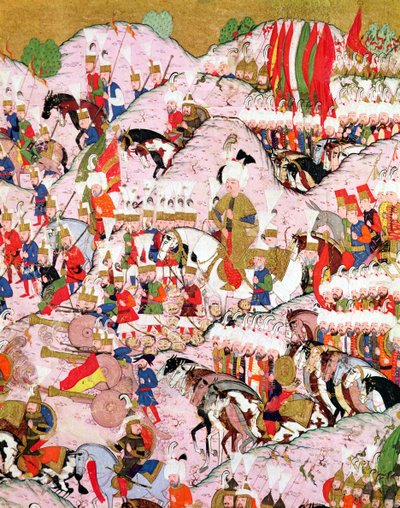 Manuscrito TSM H.1524 "Hunername": Suleyman el Magnífico (1494-1566) en la batalla de Mohacs en 1526, del "Libro de la Excelencia" de Lokman de Ottoman School