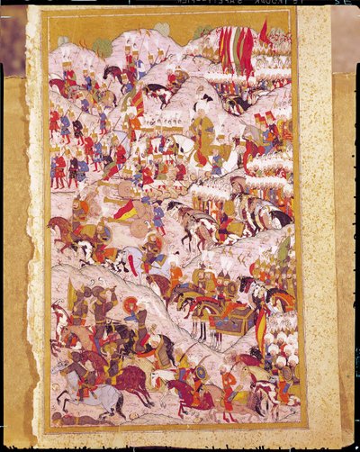 Manuscrito TSM H.1524 "Hunername": Suleyman el Magnífico (1494-1566) en la batalla de Mohacs en 1526, del "Libro de la Excelencia" de Lokman de Ottoman School