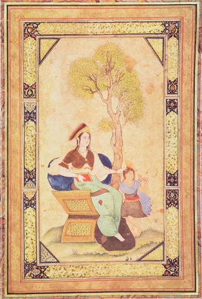 Mujer sentada con una niña en un jardín, del Álbum de piezas caligrafiadas y miniaturas de Ottoman School