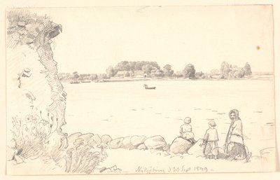 En dame og to børn ved Guldborg Sund. Nykøbing Falster. de P.C. Skovgaard