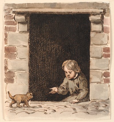 Un niño sentado en una puerta del sótano, llamando a un cachorro de P.C. Skovgaard