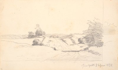 Un camino rural con algunos arbustos en primer plano. En el fondo un borde del bosque de P.C. Skovgaard