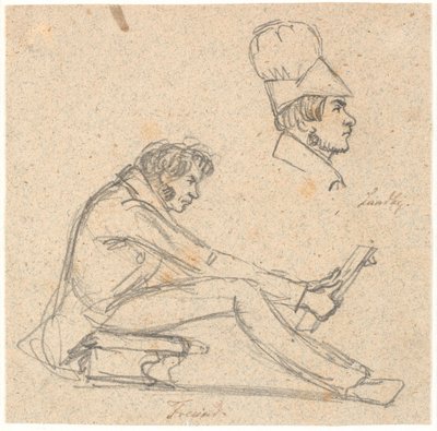 H.E. Freund sentado en un taburete observando un dibujo. Arriba a la derecha, retrato de perfil de J. Th. Lundbye. de P.C. Skovgaard